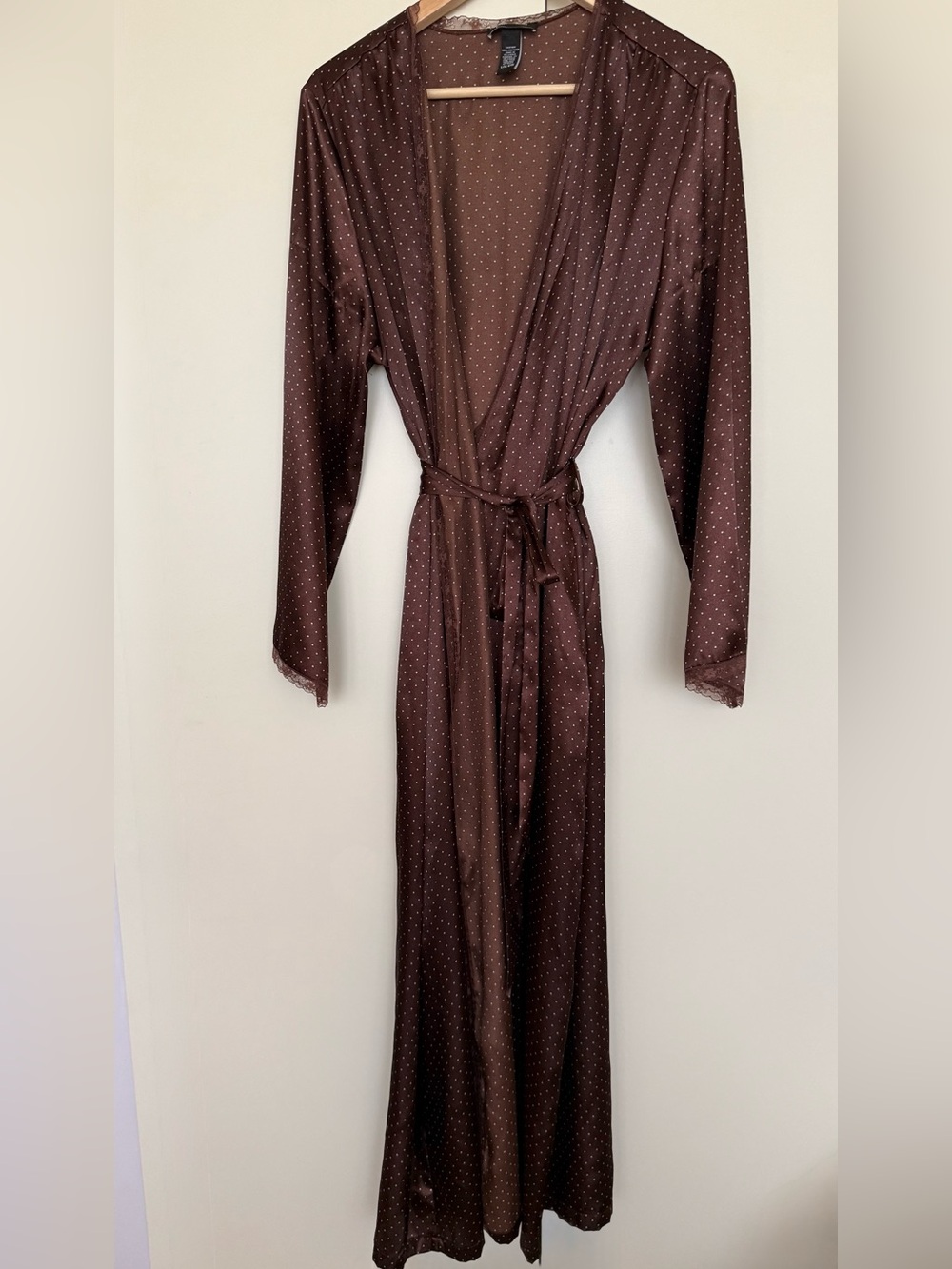 Vintage Jones New York Chocolate Brown Satin Silky Tiny Polka Dot Robe L/XL EUC